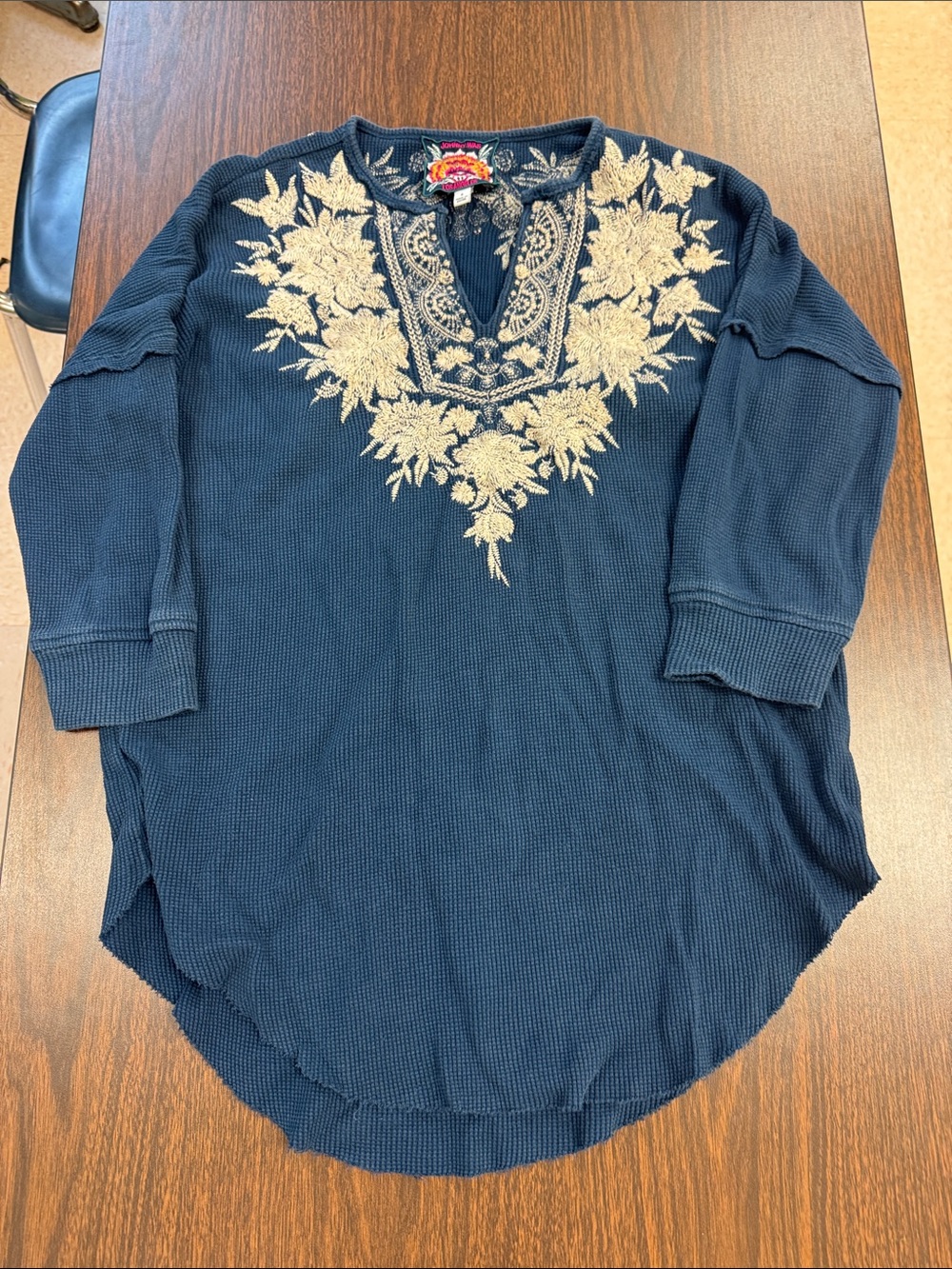 Johnny Was Navy Tunic with Cream Floral Embroidery